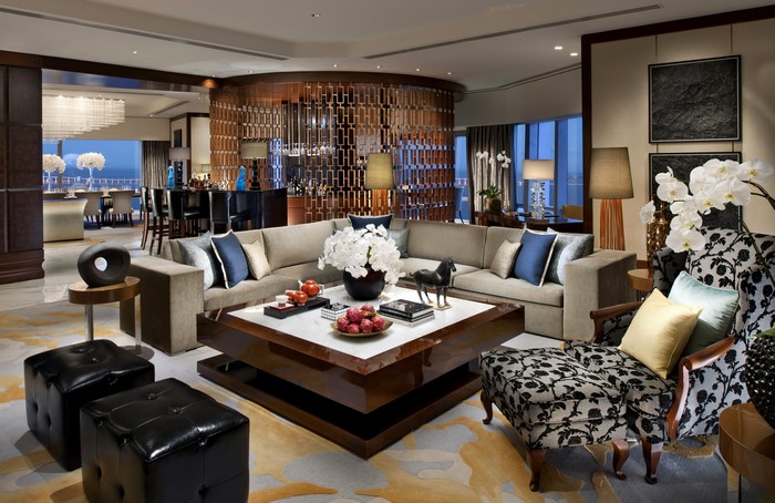 Luxury living room with bar and dining area