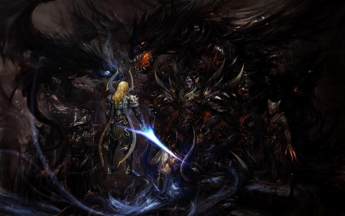 Warrior fighting monsters