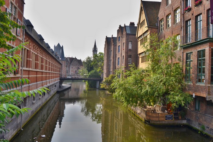 Canal in Ghent, Belgium with historic buildings