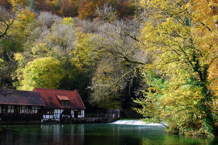 Old mill building on a river in Germany during autumn