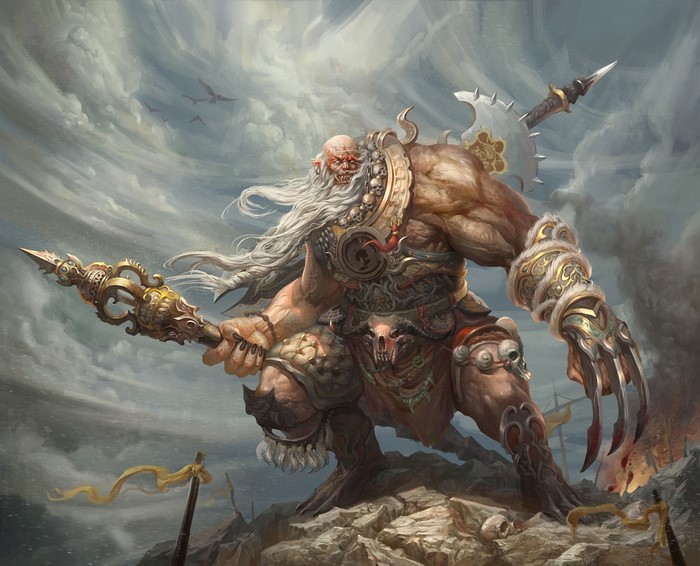 Giant warrior with staff and axe in stormy sky
