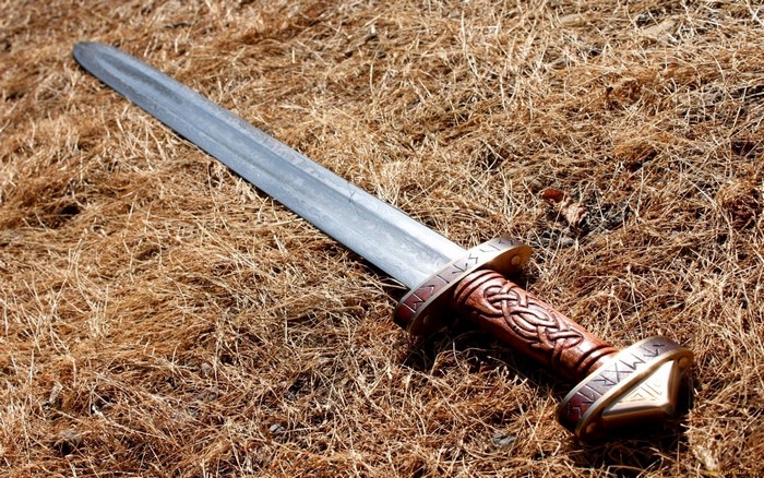 Viking sword with ornate hilt on dry grass