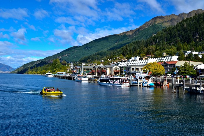 Yellow jet boat on Lake Wakatipu, Queenstown, New Zealand