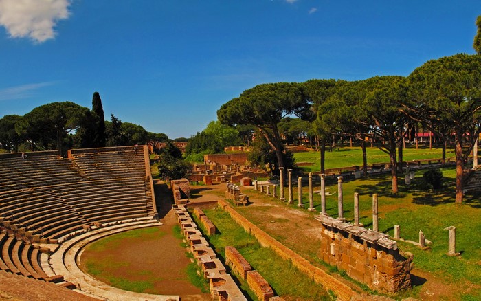 Ancient Roman amphitheater ruins in Ostia Antica, Italy