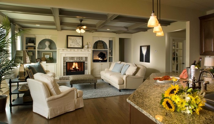 Living room with fireplace, sofa, and armchair