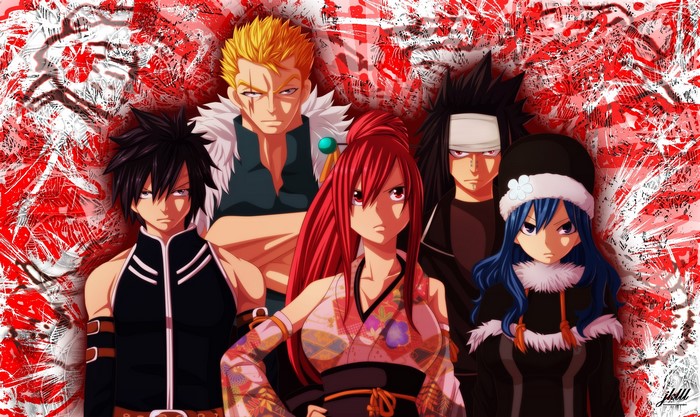 Fairy Tail characters Gray, Laxus, Erza, Gajeel, and Juvia