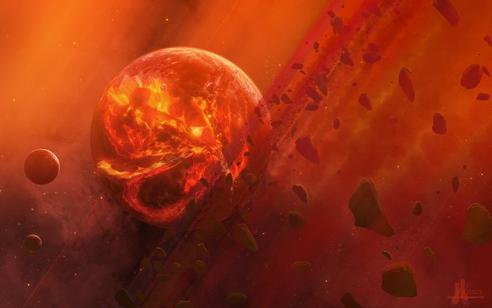 Molten planet with asteroid belt and moons