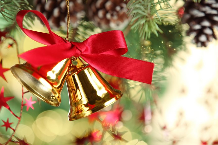 Christmas Bells with Red Ribbon and Pine Cones