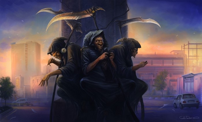 Three Grim Reapers with Scythes in a Cityscape