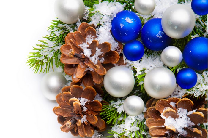 Christmas Pine Cones and Ornaments with Snow
