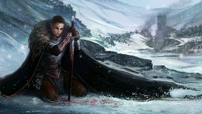 Warrior kneeling with sword in snowy landscape
