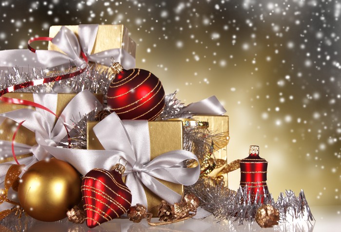 Christmas Gifts and Ornaments with Snow
