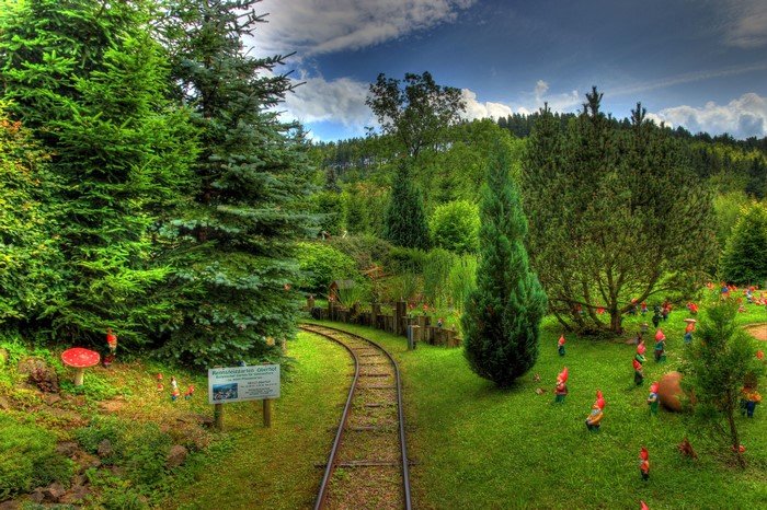 Gnome garden with a miniature railway in Germany