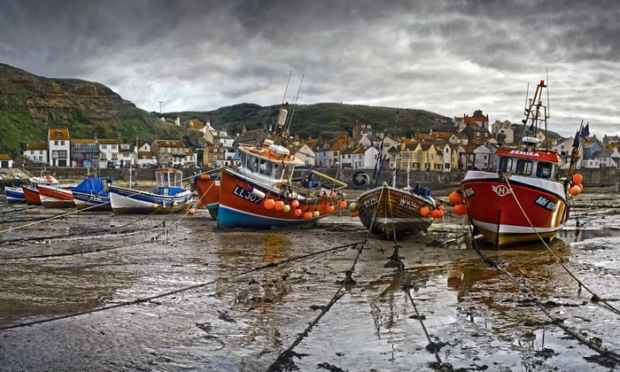 Fishing boats moored on a muddy shore with a town in the background