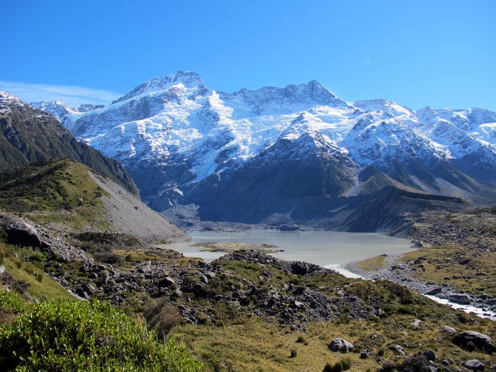 Snow-capped mountains and a lake in New Zealand