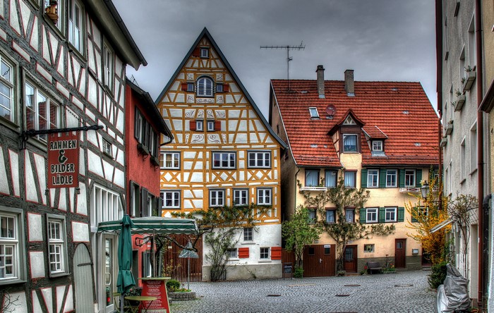 Half-timbered houses in a German town square