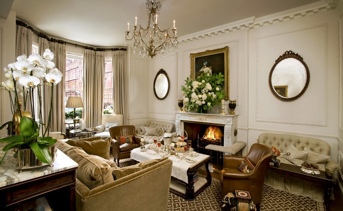 Elegant living room with fireplace and tea set