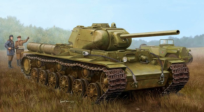 Soviet KV-2 heavy tank and two soldiers
