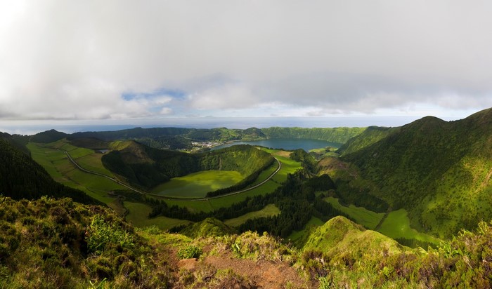 Volcanic crater lakes and green hills in Azores, Portugal