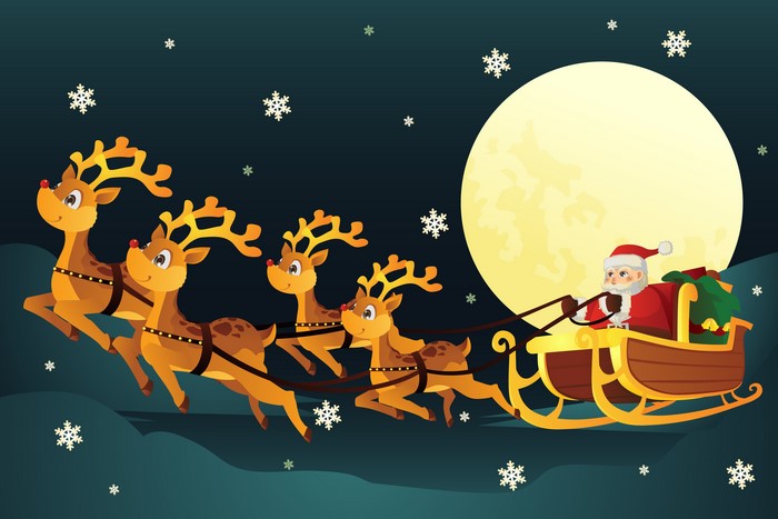 Santa Claus and reindeer sleigh flying in the night sky