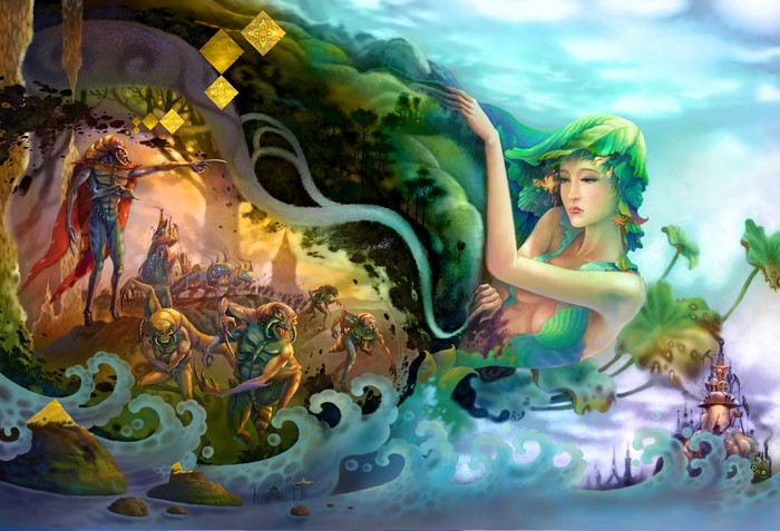 Fantasy creatures and a nature spirit in a surreal landscape
