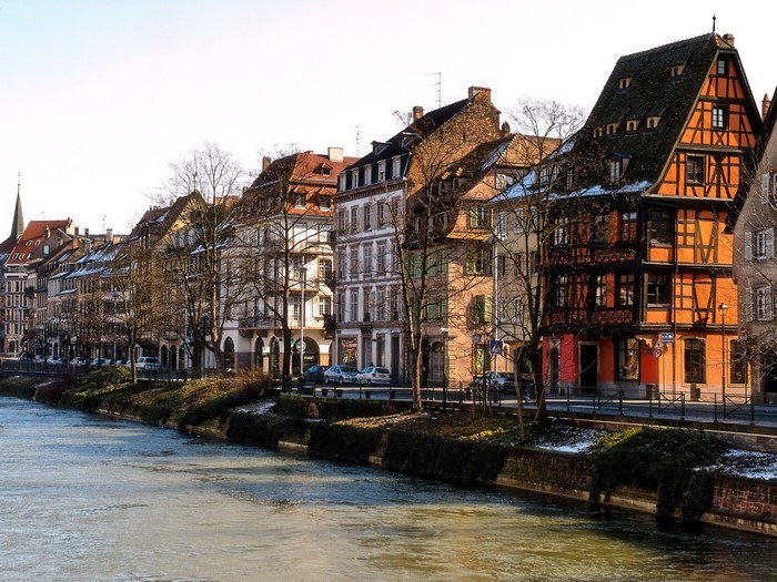 Buildings along a river in Strasbourg, France