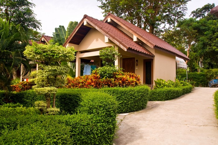 Tropical resort with manicured gardens and bungalows