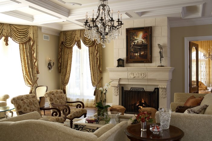 Elegant living room with fireplace and chandelier