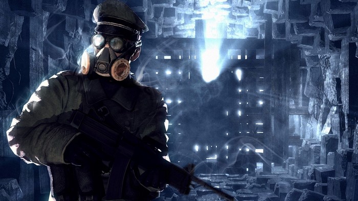 Soldier with gas mask and rifle in a ruined environment