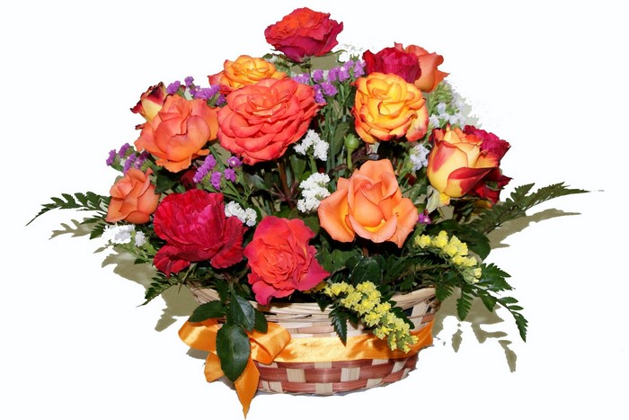 Basket of colorful roses with ribbon