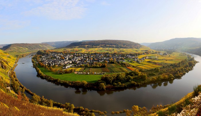 River bend with village and vineyards in Germany