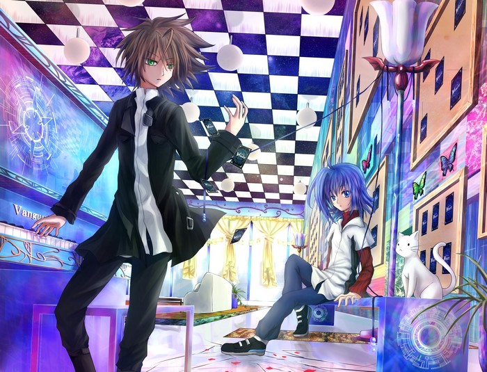 Young men and cat in a surreal room with cards