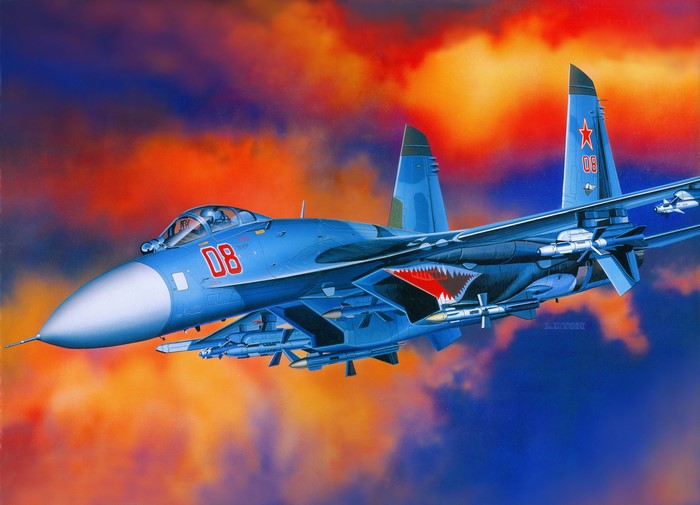 Sukhoi Su-27 fighter jet with shark mouth art