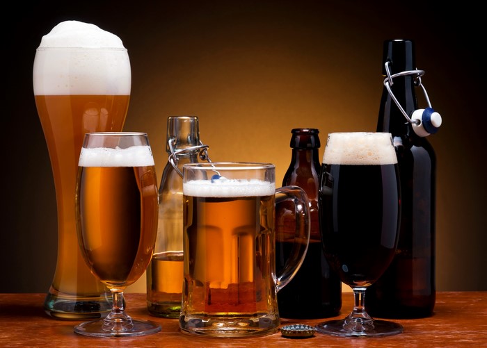 Assortment of Beers in Glasses and Bottles