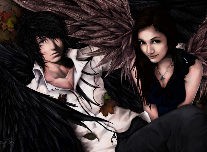 Two angels with dark wings lying down