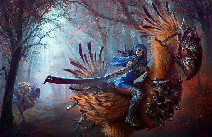 Woman riding a large bird with a sword in a forest
