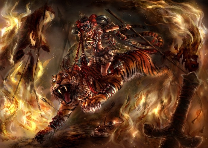 Warrior riding a tiger in a fiery battle