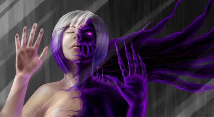 Woman with purple demonic transformation