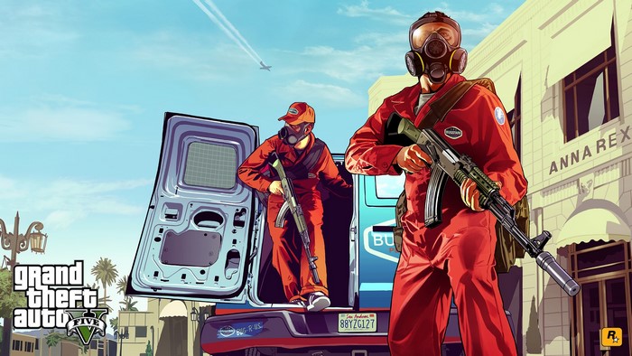 Grand Theft Auto V: Two masked figures with guns