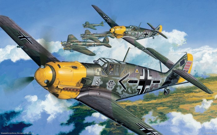 German Messerschmitt Bf 109 fighter planes in flight