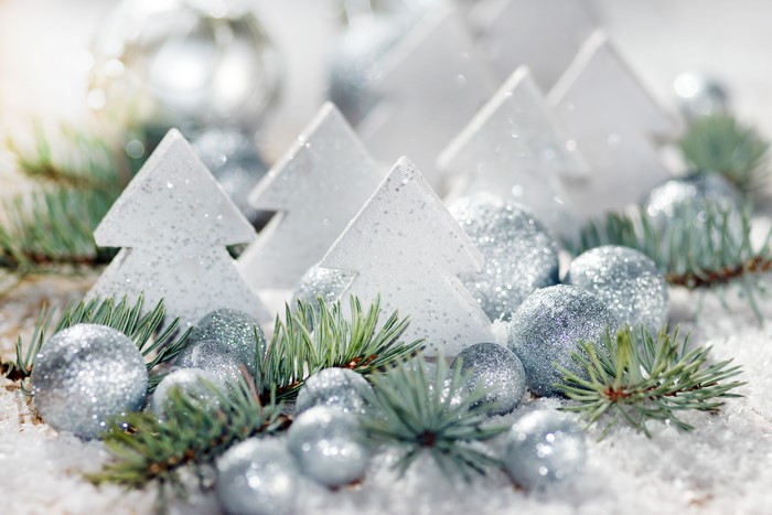 Christmas Decorations with Glittering Ornaments and Trees