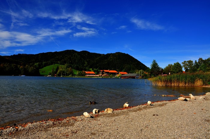 Lake with mountains and buildings in Germany