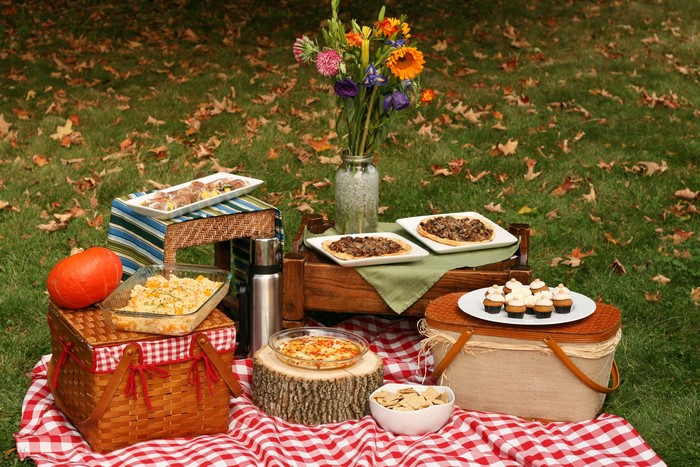 Autumn Picnic with Food and Flowers