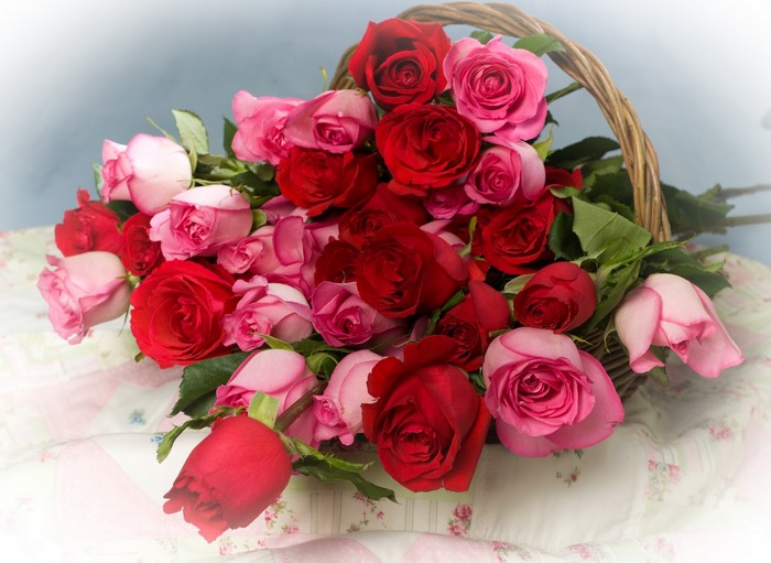Basket of red and pink roses