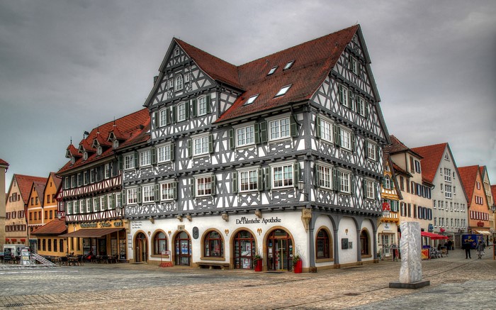 Half-timbered buildings in a German town square