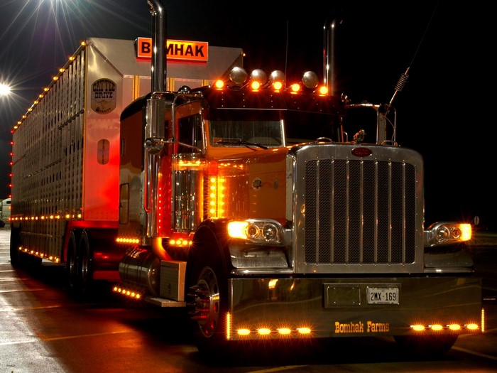 Peterbilt truck with Bomhak Farms trailer at night