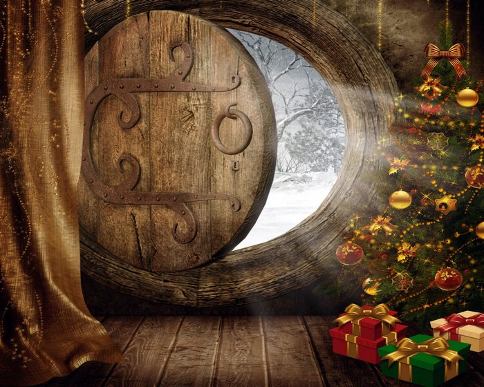 Christmas Tree and Gifts by an Open Door to a Winter Scene