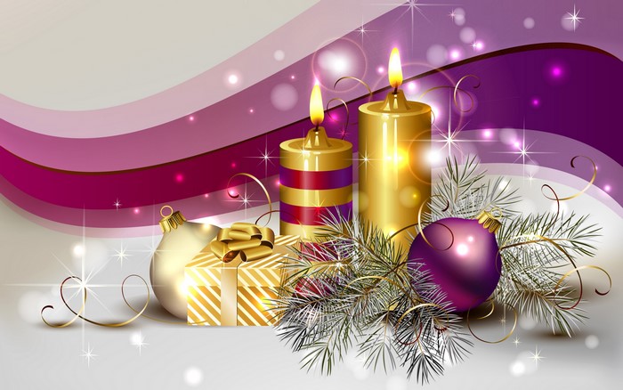 Christmas Candles, Ornaments, and Gift with Pine Branches