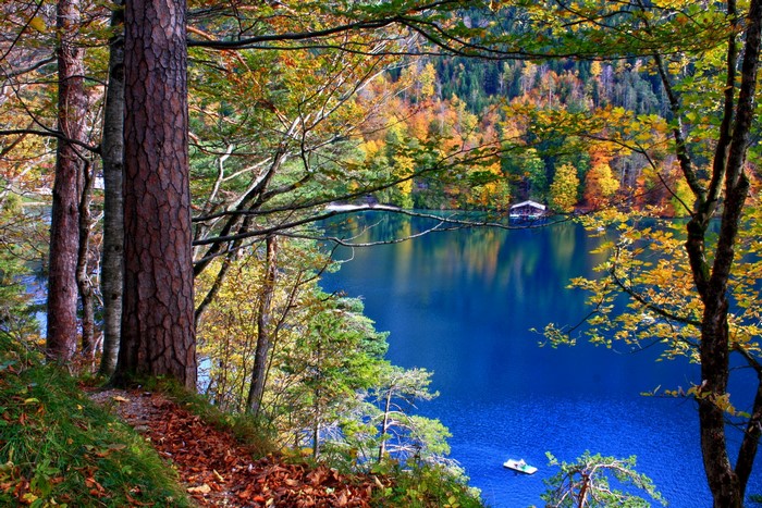 Autumn forest lake with boathouse and boat