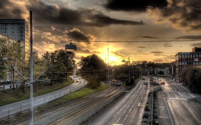 Roads and tram in Sweden at sunset